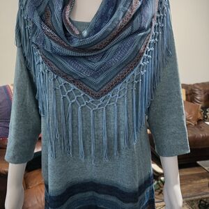 Fringed Knit Tunic and Scarf Set in Teal Sz S